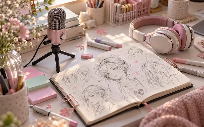 Pastel desk with a pink microphone, headphones and a sketchbook full of anime girl drawings