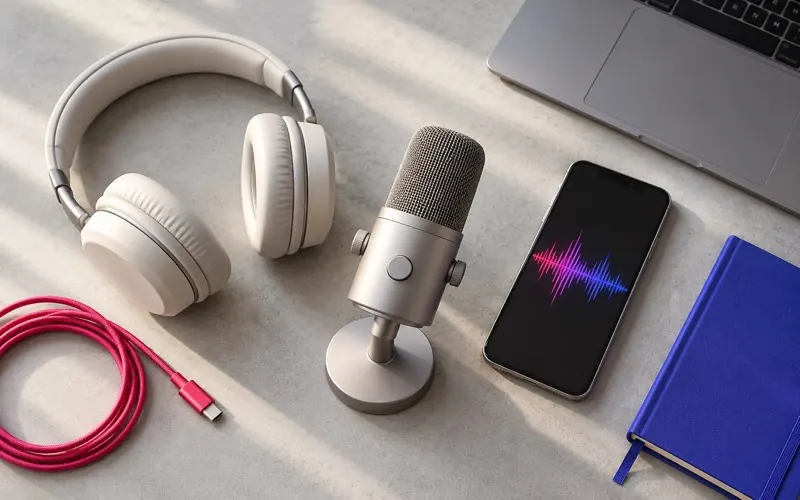 Headphones, a microphone and a phone showing a pink sound wave on a grey desk