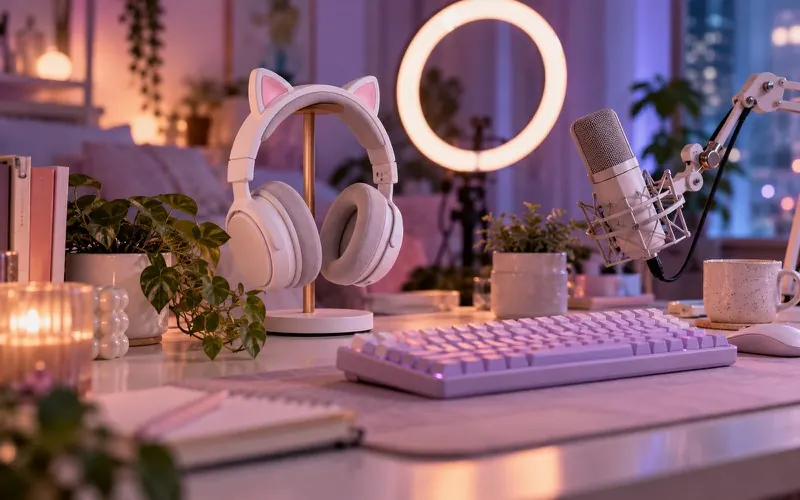 Streaming desk with cat-ear headphones, a ring light, a studio microphone and a lilac keyboard