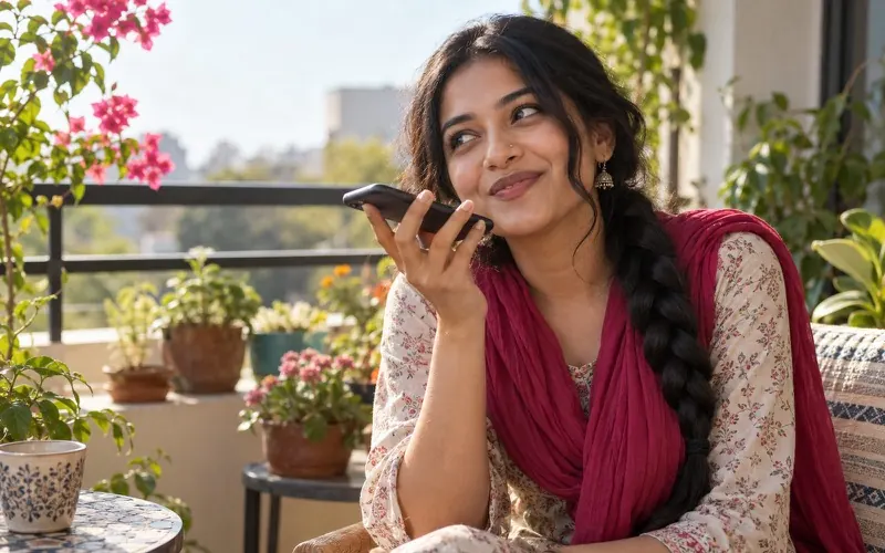 Smiling woman on a balcony with flowers recording a voice message on her phone