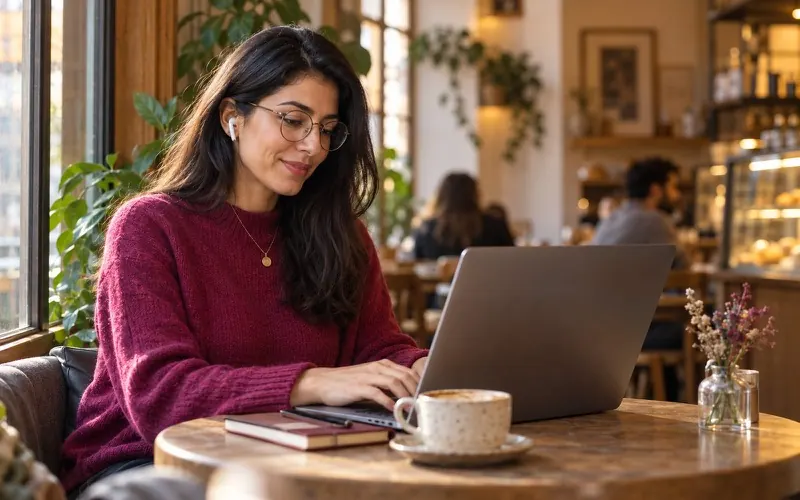 Woman in glasses and earbuds typing a script on a laptop in a cafe