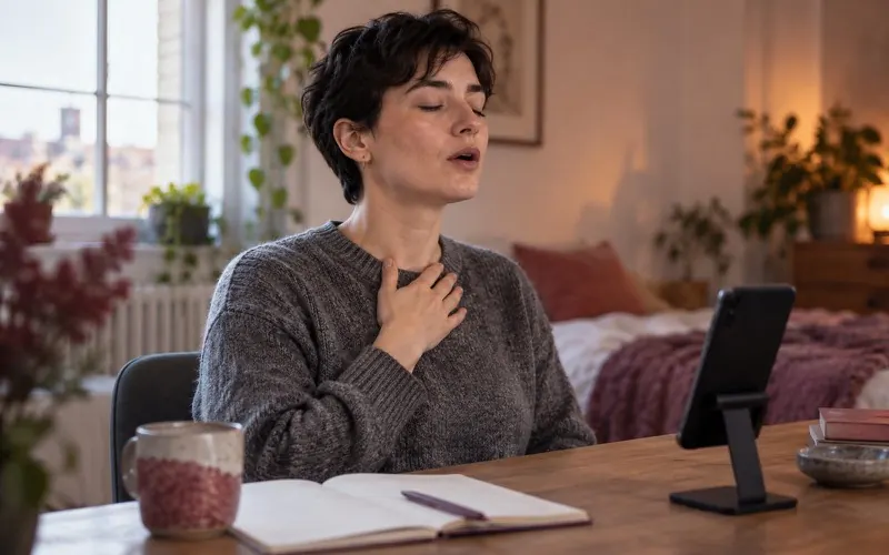 Woman at a desk with a hand on her chest practising her voice, a phone on a stand in front of her