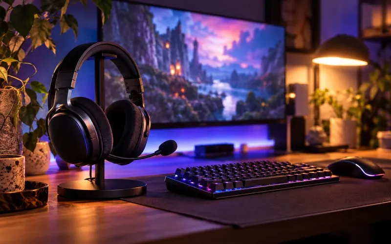 Gaming desk with a headset on a stand, a backlit keyboard and a monitor in purple light