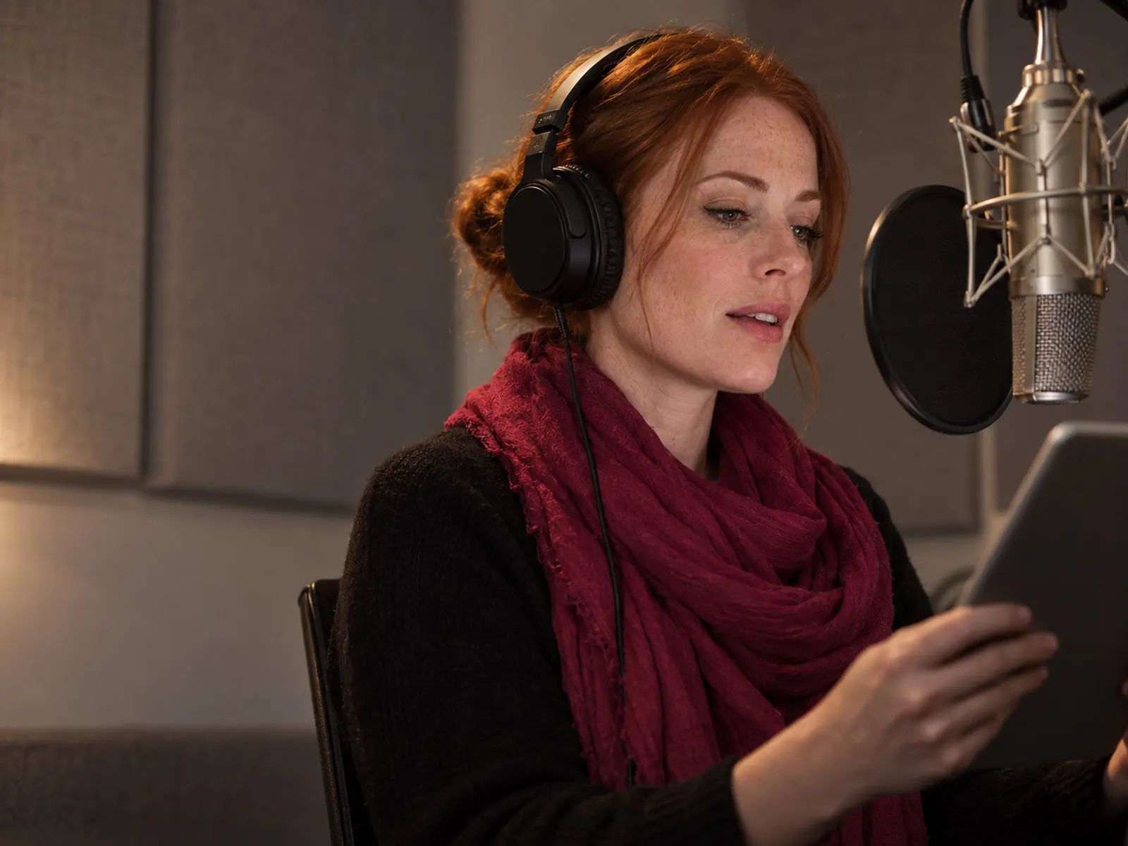 Smiling woman recording a voiceover at a studio microphone with a pop filter
