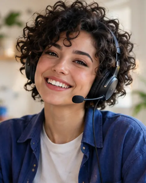 Woman with a headset laughing, the face of the Bright voice
